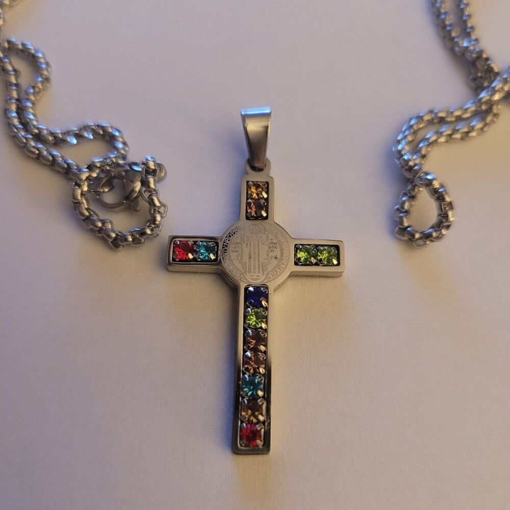 PSCO 1998 Rainbow Rhinestone Cross Pendant Brooch Silver Tone Necklace